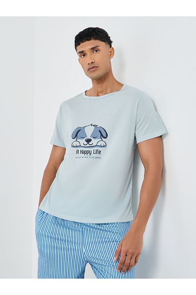 Styli Men Light Blue Graphic T-Shirt and Striped Shorts Set