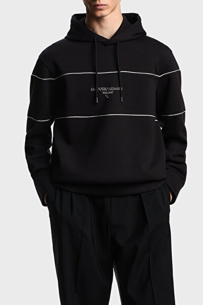 Emporio Armani Logolu Şerit Detaylı Regular Fit Kapüşonlu Sweat Erkek SWEAT E...