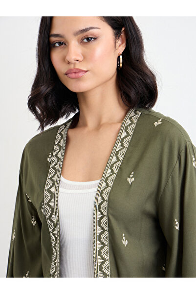Styli Women Khaki Embroidered Kimono