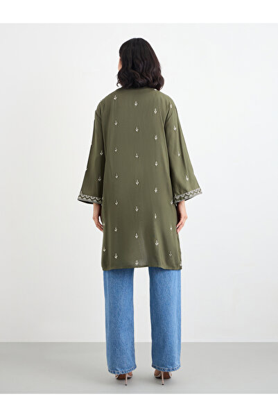 Styli Women Khaki Embroidered Kimono
