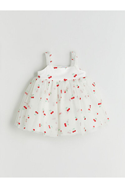 LC Waikiki LCW baby Ekru Kare Yaka Kiraz Baskılı Kız Bebek Tütü Elbise