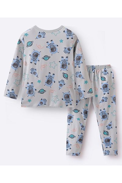 SAPS All Over Astronaut Printed Full Sleeves T-shirt and Pyjama Set - Blue and Grey