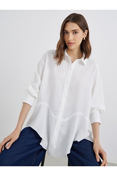 Styli Women White Solid Long Sleeve Oversized Shirt with Asymmetric Hem
