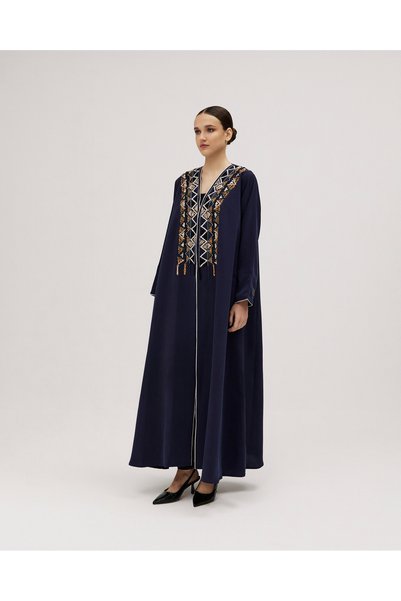 SOROSE SA Washed silk wrap abaya with half-cloche and colorful embroidery - navy blue