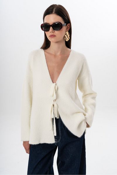 NATUFIAN STORE Women's Short Shaggy V-Neck Tie-Up Basic Long Cardigan