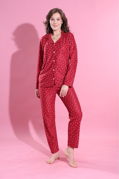 Elit Red Tiny Heart Front Buttoned Winter Suede Velvet Women's Pajama Set