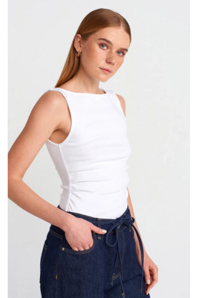 Dilvin 31589 Gathered Boat Neck Top-White