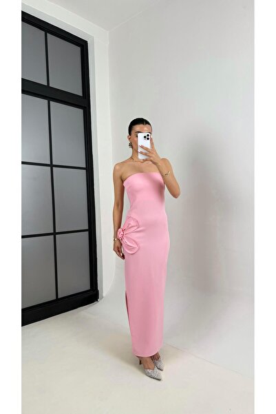 Gaus Pembe Çiçek Detaylı Yırtmaçlı Elbise Gaus00374