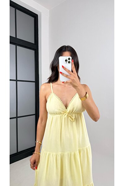 Gaus Sarı Ayarlanabilir Askılı Dantel Detaylı Müslin Elbise GAUS-001