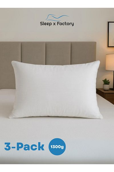 Sleep x Factory Premium Cotton Pillows – 3 Pack – 300 Thread Count – 1300g – Soft & Breathable – Striped White