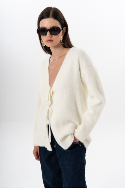 NATUFIAN STORE Women's Short Shaggy V-Neck Tie-Up Basic Long Cardigan