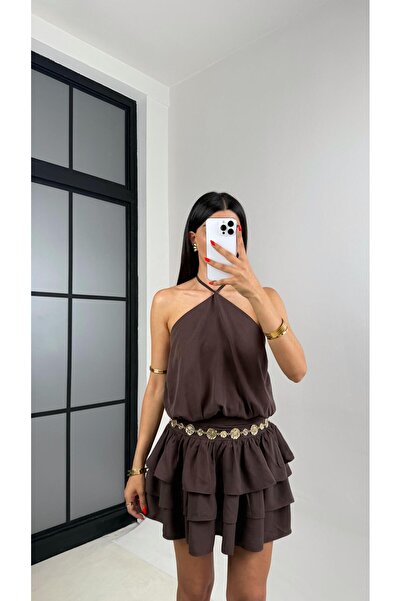 Gaus Kahve Boyundan Bağlamalı Katlı Tasarım Mini Elbise GAUS-0040