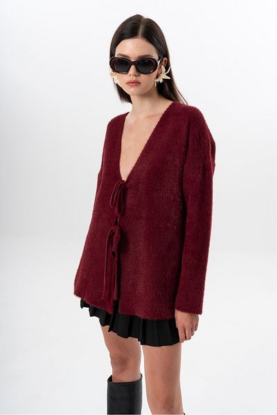 NATUFIAN STORE Women's Short Shaggy V-Neck Tie-Up Basic Long Cardigan