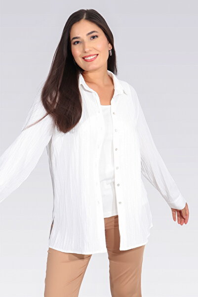 TOLGA SARAÇOĞLU 11042 EKRU KRİNKIL KUMAŞ RAHAT KESİM TUNİK