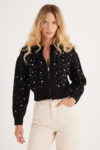 Tudors Women's Regular Fit Classic Cut Pearl Embroidered Black Cardigan
