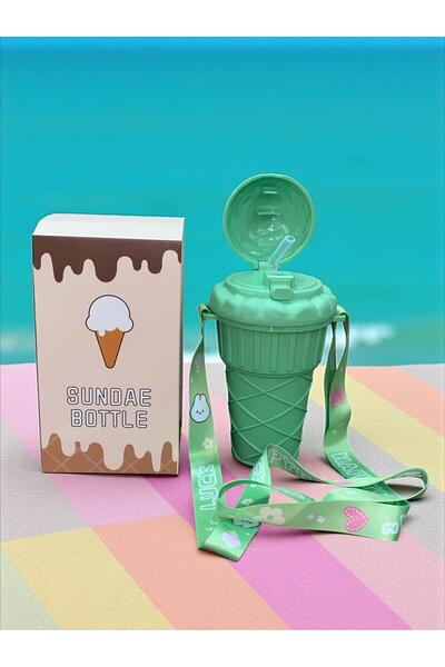 SANALTİCARETİM 500 ml Green Flask with Ice Cream Shaped Straw