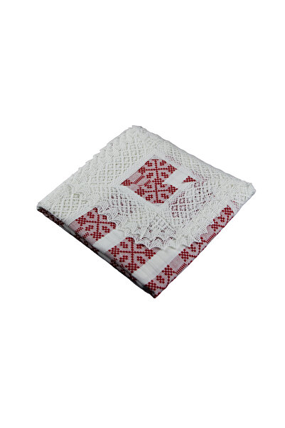 Nicoratex White Rectangular Tablecloth with Red Insertion and White Lace 150×...
