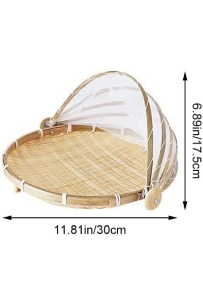 Türkiye 1pc Handwoven Natural Bamboo Food Cover Basket, Dust-proof Handmade Food Basket with Gauze