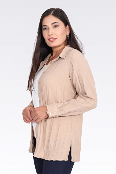 TOLGA SARAÇOĞLU 11042 Beige Kri̇nkil Fabric Casual Cut Tunic