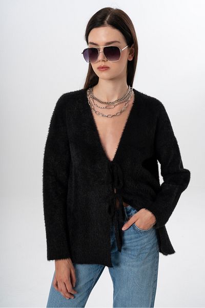 NATUFIAN STORE Women's Short Shaggy V-Neck Tie-Up Basic Long Cardigan