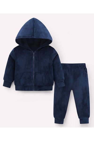 SAPS Solid Full Sleeves Hoodie and Pant Co-ords Set - Navy