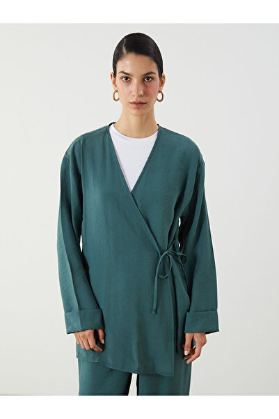 LC Waikiki Green Double-Breasted Collar Modal Blend Women's Kimono