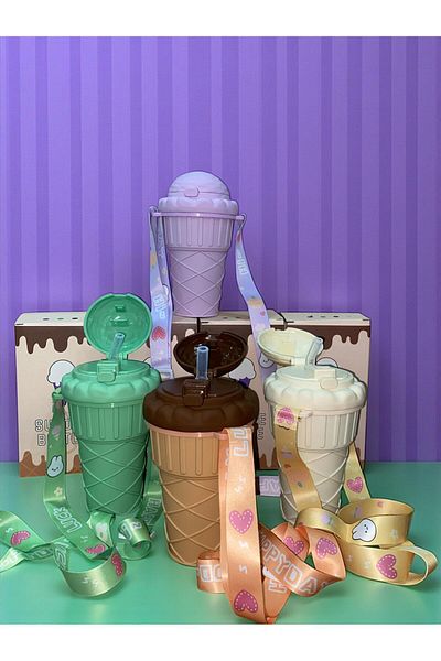 SANALTİCARETİM 500 ml Purple Flask with Ice Cream Shaped Straw