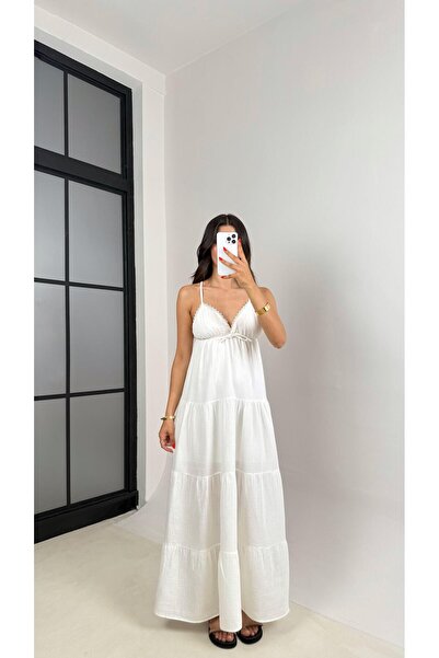 Gaus Beyaz Ayarlanabilir Askılı Dantel Detaylı Müslin Elbise GAUS-001