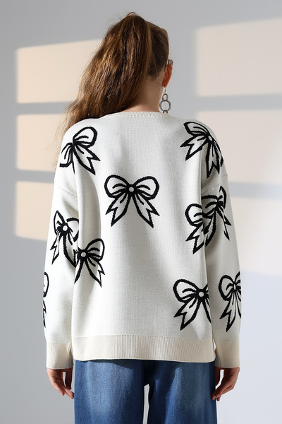 ALCHON Round Neck Long Sleeve Bow Tie Bow Pattern Jacquard Panel Pearl Detail Knitwear Winter Sweater