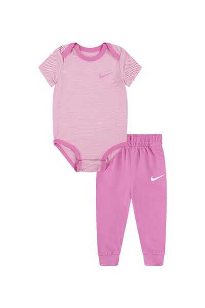 Nike Cotton Blend Striped Short Sleeves Onesies and Logo Graphic Leggings - Playful Pink