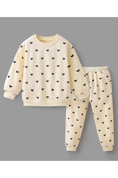 SAPS Hearts Printed Top and Pants Set - Light Beige