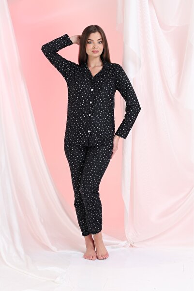Elit Black Little Star Front Buttoned Winter Suede Women's Pajama Set