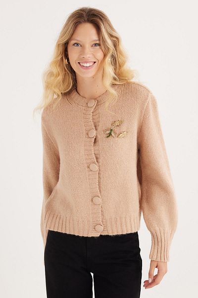 Tudors Women's Regular Fit Classic Cut Butterfly Embroidered Powder Cardigan