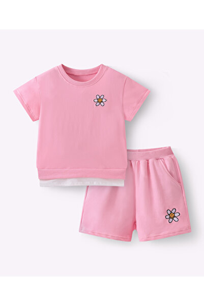 SAPS Floral Embroidered Short Sleeves T-shirt and Shorts Co-ords Set - Pink