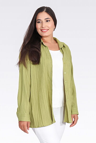 TOLGA SARAÇOĞLU 11042 Pistachio Green Krinkil Fabric Casual Cut Tunic