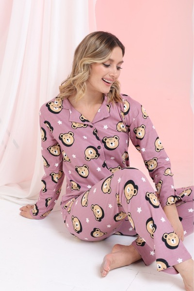 Elit Σετ γυναικείες πιτζάμες Lilac Teddy Bear με κουμπιά μπροστά Winter Suede Velvet