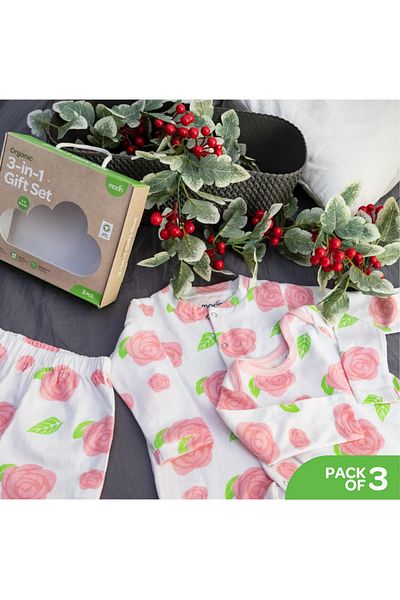 Moon Organic Baby 3 In 1 Romper Bodysuit with Joggers/Co-ord Set - Rose Print