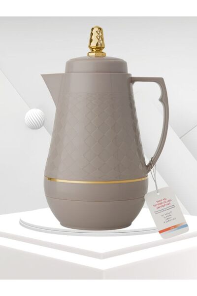 TSUMAB Elegant Insulated Coffee & Tea Flask – 1.6L – Gold-Topped Taupe Design