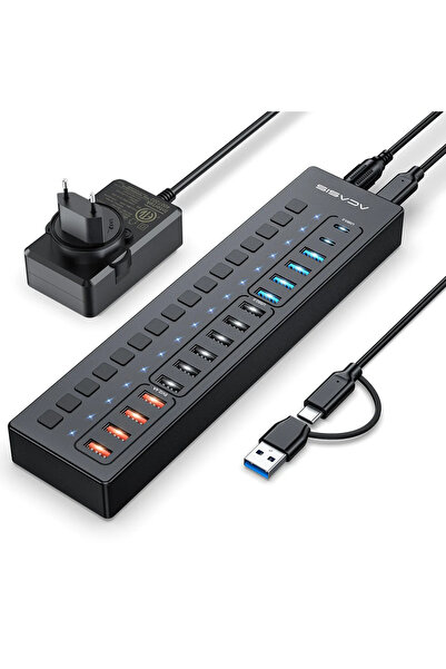 Acasis DS516PB 16 Port USB,Type-C, Akıllı Şarj, LED,Adaptörlü HUB
