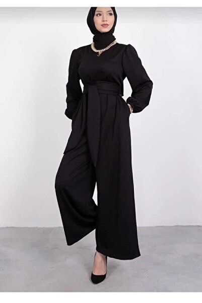 Gülmude Κομψή μαύρη χιτζάμπ με περιτύλιγμα με φαρδύ ζώνη