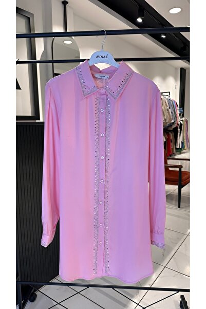 MEFA GİYİM Pembe Taşlı Keten Gömlek