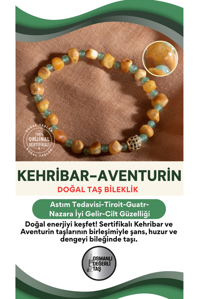 OSMANLI DEĞERLİ TAŞ Certified Amber-Aventurine Natural Stone Bracelet