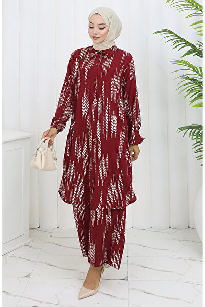 sefamerve Viscose Fabric Tunic Trousers Double Set 0132-04 Claret Red
