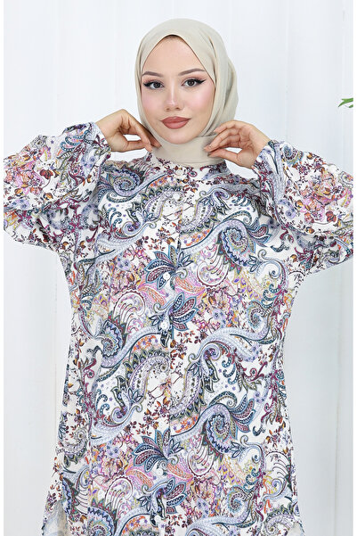 sefamerve Plus Size Shawl Patterned Tunic 3026-01 Ecru