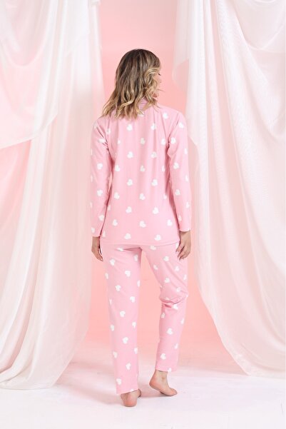 Elit Pink White Heart Front Button Winter Suede Women's Pajama Set