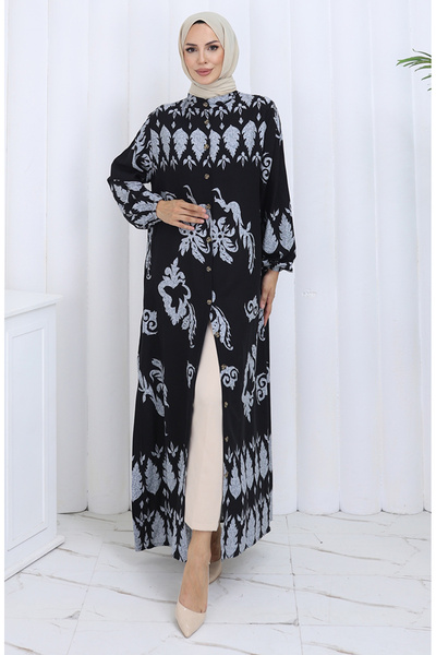 sefamerve Patterned Buttoned Dress 2125-05 Gray Black