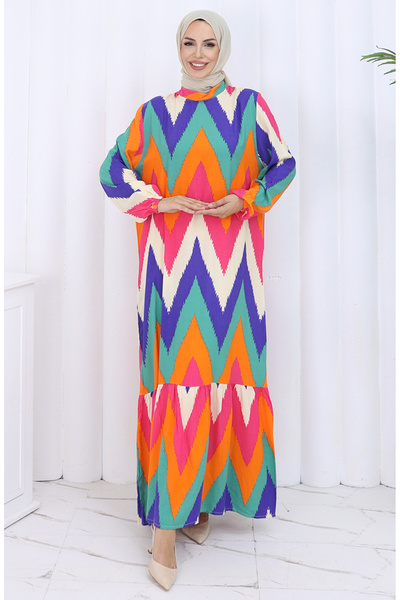 sefamerve Patterned Dress with Elasticated Sleeves 2121-02 Fuchsia Orange