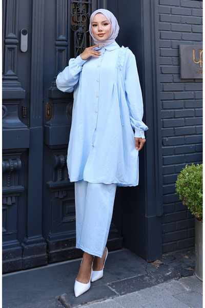 sefamerve Ruffled front tunic pants double set 2128-05 light blue