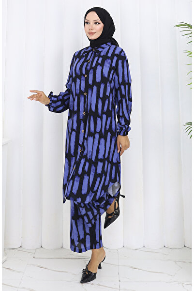 sefamerve Viscose Fabric Tunic Trousers Double Set 0131-02 Eggplant Color