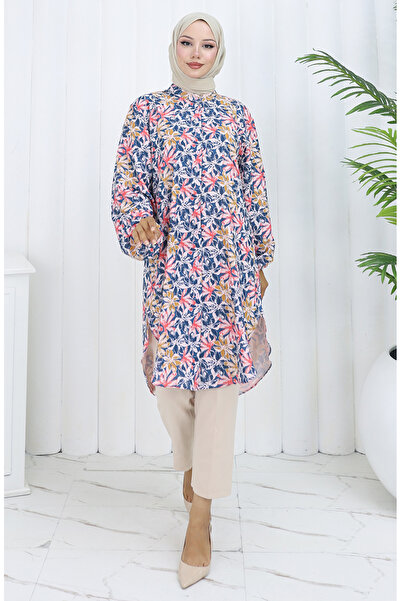 sefamerve Büyük Beden Çiçek Desenli Tunik 3024-02 Petrol